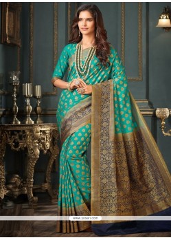 Art Silk Firozi Weaving Work Traditional Saree