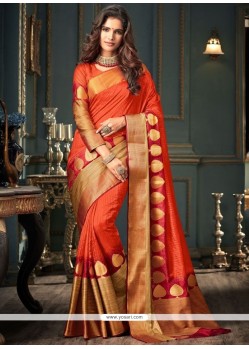 Weaving Art Silk Traditional Designer Saree In Rust