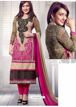 Cream And Pink Georgette Churidar Suit