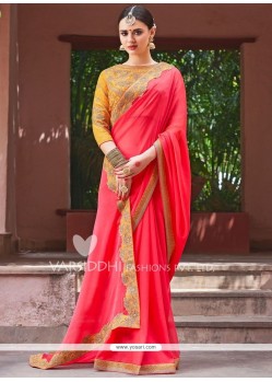 Faux Georgette Hot Pink Patch Border Work Classic Designer Saree