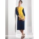 Fancy Fabric Navy Blue And Yellow Print Work Party Wear Kurti