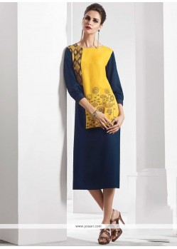 Fancy Fabric Navy Blue And Yellow Print Work Party Wear Kurti