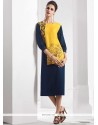 Fancy Fabric Navy Blue And Yellow Print Work Party Wear Kurti