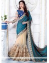 Patch Border Work Beige And Blue Art Silk Half N Half Designer Saree