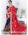 Navy Blue And Red Embroidered Work Jacquard Half N Half Designer Saree