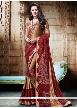 Lace Work Brown And Maroon Shimmer Georgette Designer Saree