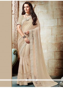 Cream Patch Border Work Net Classic Designer Saree