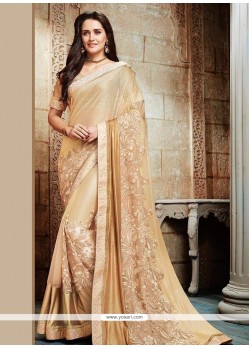 Lycra Beige Embroidered Work Saree