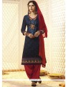 Embroidered Work Cotton Satin Navy Blue Punjabi Suit