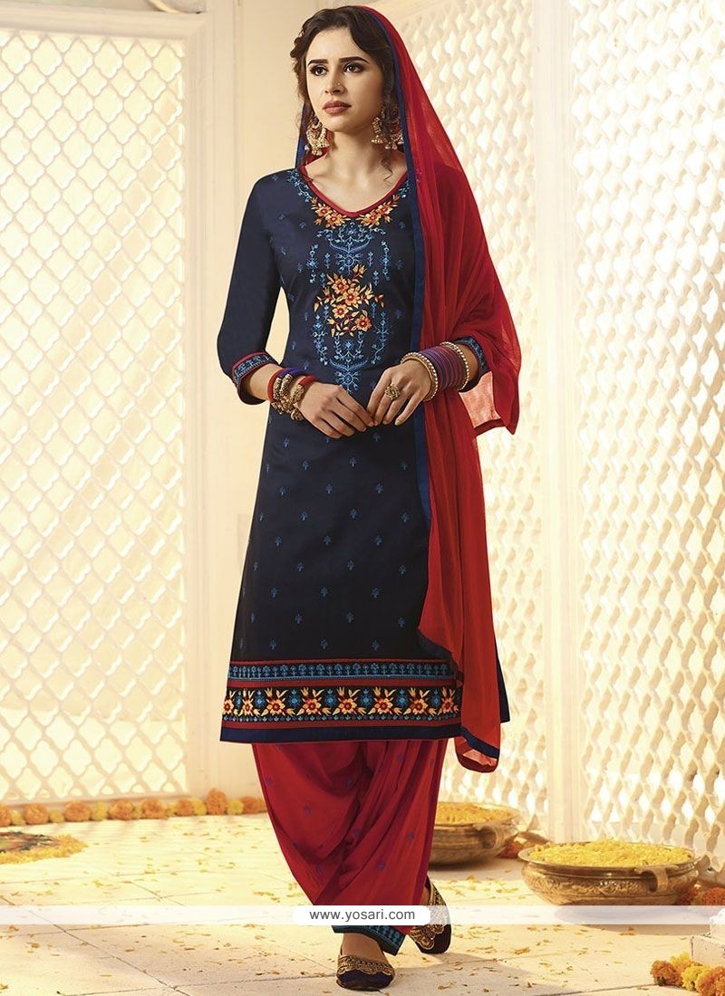 Buy Embroidered Work Cotton Satin Navy Blue Punjabi Suit | Punjabi ...