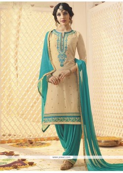 Cream Resham Work Cotton Satin Punjabi Suit