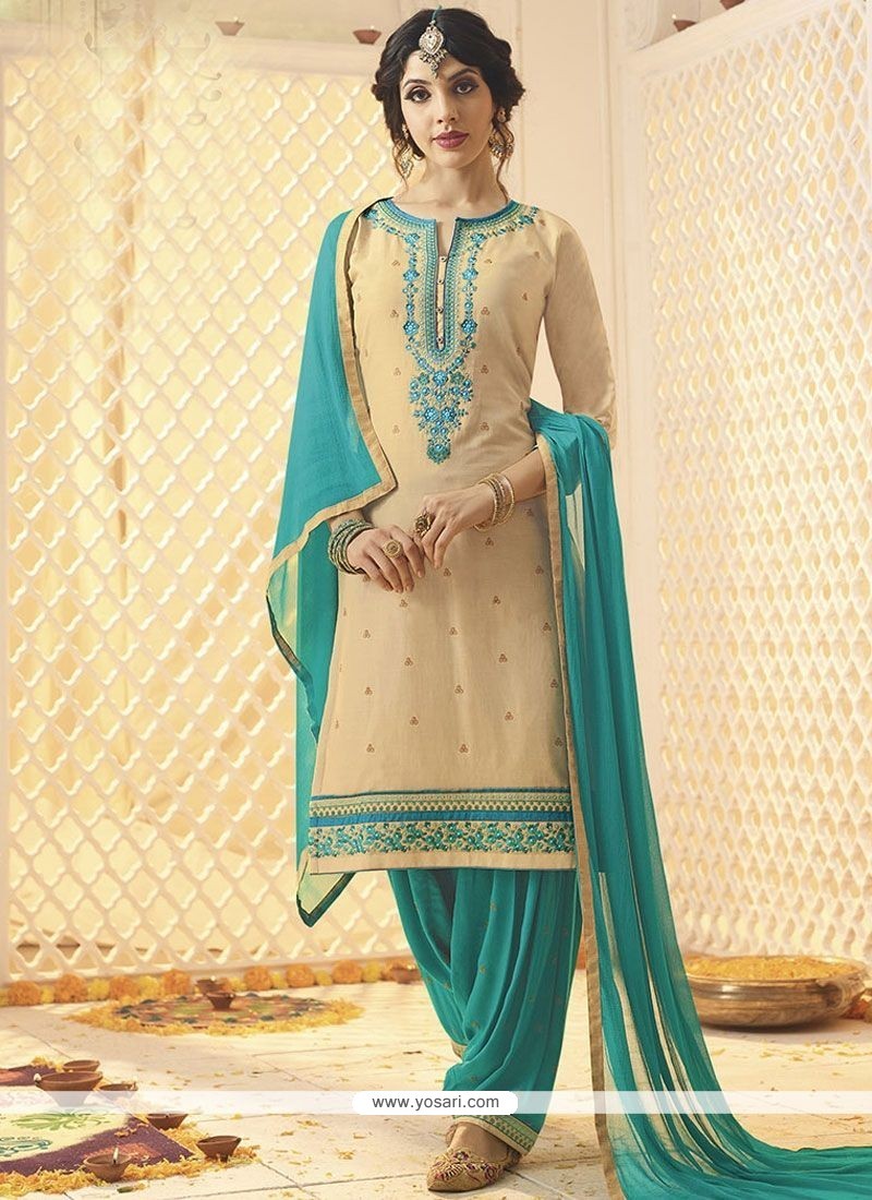 Buy Cream Resham Work Cotton Satin Punjabi Suit | Punjabi Patiala ...
