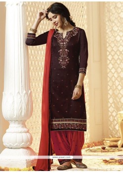 Resham Work Brown Cotton Satin Punjabi Suit