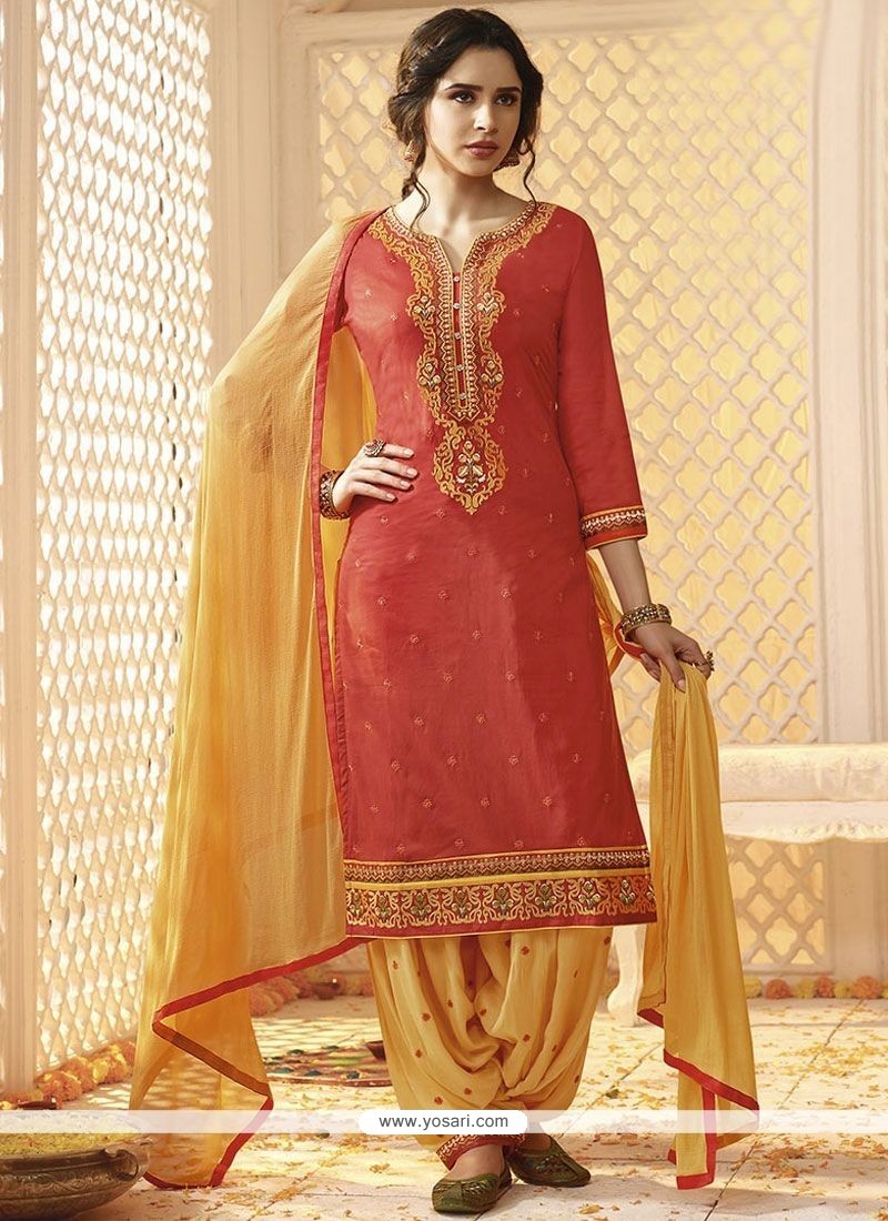 Buy Cotton Satin Orange Punjabi Suit | Punjabi Patiala Suits