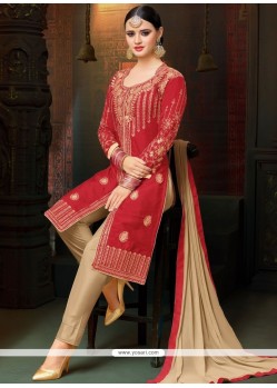 Red Embroidered Work Pant Style Suit