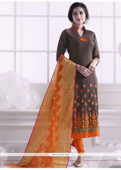 Cotton Brown Embroidered Work Churidar Designer Suit