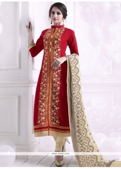 Cotton Red Embroidered Work Churidar Designer Suit