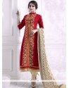 Cotton Red Embroidered Work Churidar Designer Suit