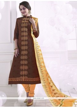 Cotton Brown Embroidered Work Churidar Designer Suit