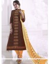 Cotton Brown Embroidered Work Churidar Designer Suit