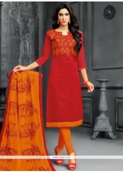 Embroidered Work Red Cotton Churidar Suit