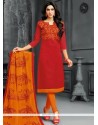 Embroidered Work Red Cotton Churidar Suit