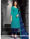 Cotton Blue Embroidered Work Churidar Suit