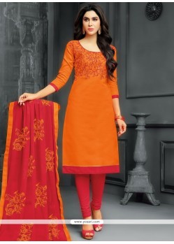 Cotton Orange Embroidered Work Churidar Suit