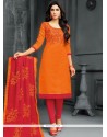 Cotton Orange Embroidered Work Churidar Suit