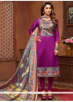 Print Work Purple Art Silk Churidar Suit