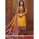 Print Work Mustard Art Silk Churidar Suit