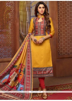 Print Work Mustard Art Silk Churidar Suit