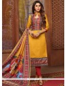 Print Work Mustard Art Silk Churidar Suit