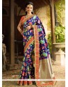 Sanaya Irani Floral Print Work Navy Blue Banarasi Silk Designer Traditional Saree