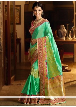Sanaya Irani Floral Print Work Sea Green Banarasi Silk Designer Traditional Saree
