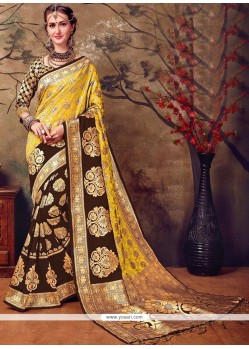 Weaving Work Brown And Yellow Cotton Silk Traditional Designer Saree