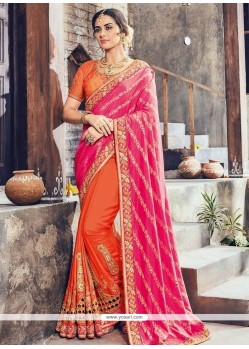 Hot Pink And Orange Designer Half N Half Saree