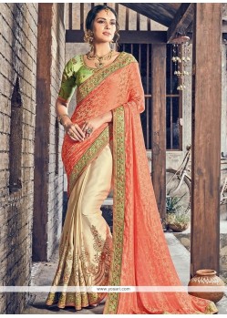 Art Silk Cream And Orange Designer Half N Half Saree