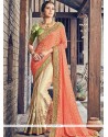 Art Silk Cream And Orange Designer Half N Half Saree