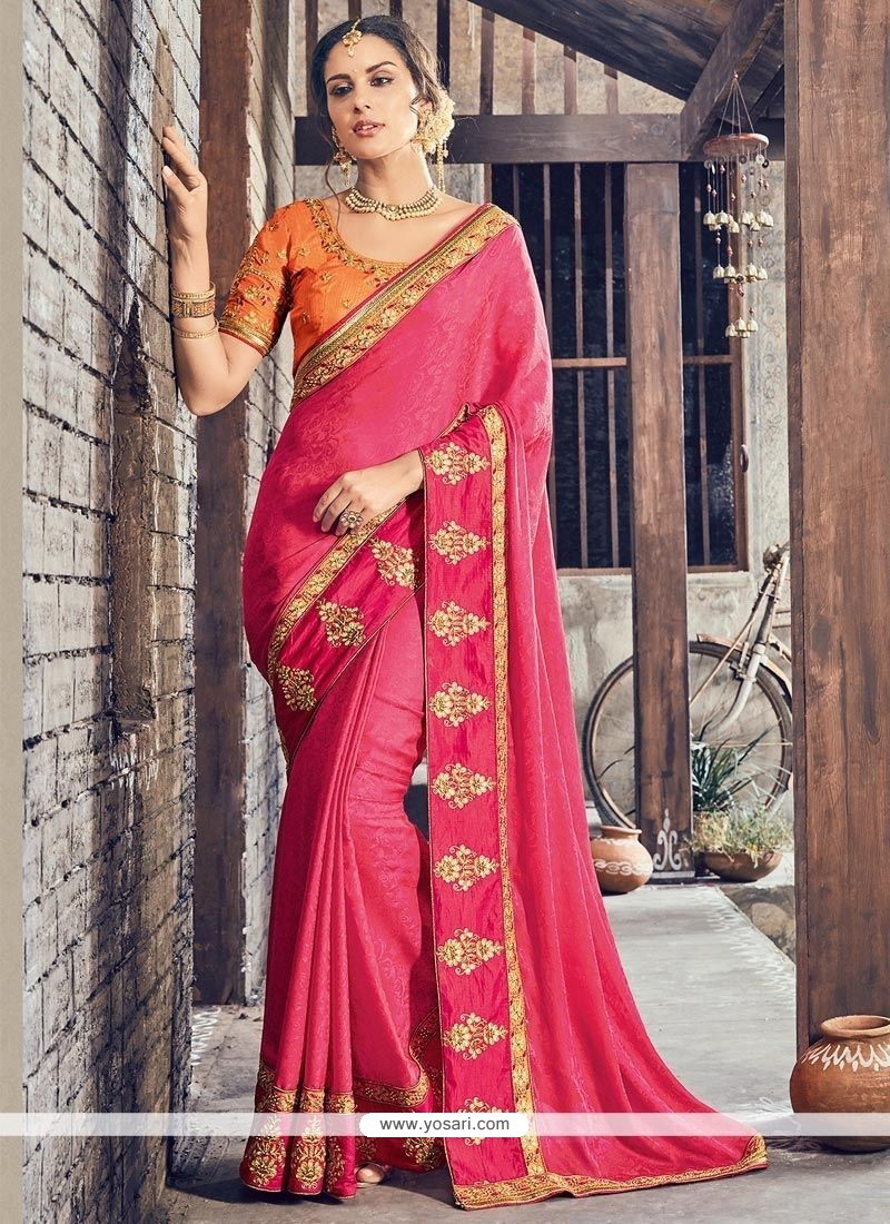 Buy Hot Pink Lace Work Art Silk Designer Traditional Saree | Wedding Sarees