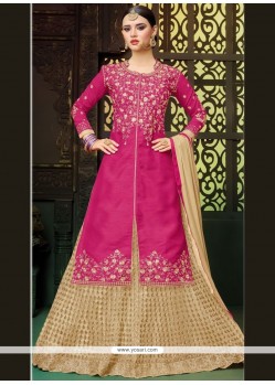 Hot Pink Embroidered Work Art Silk Long Choli Lehenga