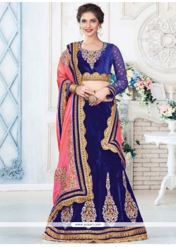 Embroidered Velvet Lehenga Choli In Navy Blue