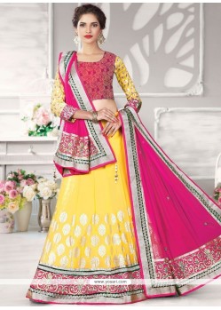 Hot Pink And Yellow Embroidered Work Net Lehenga Choli