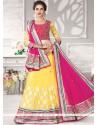 Hot Pink And Yellow Embroidered Work Net Lehenga Choli