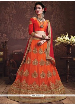 Faux Georgette Orange Embroidered Work Lehenga Choli