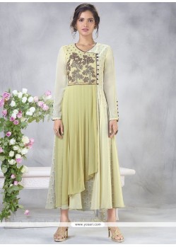 Faux Georgette Green And Yellow Embroidered Work Party Wear Kurti