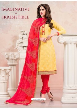 Red And Yellow Chanderi Silk Churidar Suit