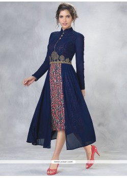 Faux Georgette Navy Blue Embroidered Work Party Wear Kurti