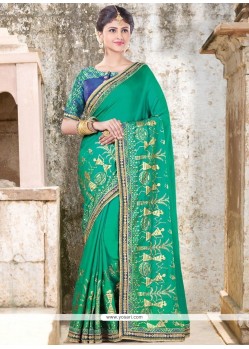 Embroidered Work Sea Green Art Silk Traditional Designer Saree