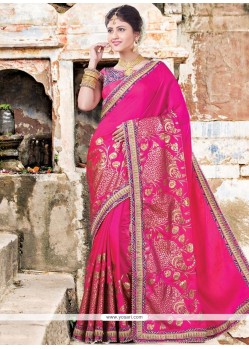 Hot Pink Patch Border Work Art Silk Traditional Designer Saree